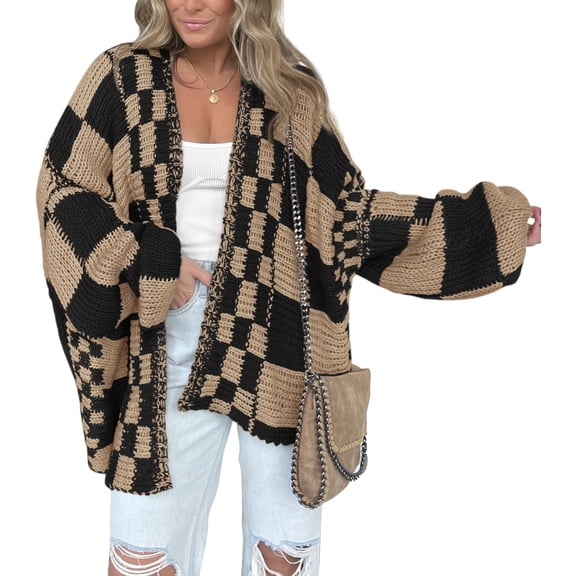 CAILDANL Casual Cardigan Sweater for Women Fall 2025 Long Sleeve Open Front Chunky Knit Sweaters Checkered Outwear Coat