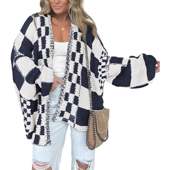 CAILDANL Casual Cardigan Sweater for Women Fall 2025 Long Sleeve Open Front Chunky Knit Sweaters Checkered Outwear Coat