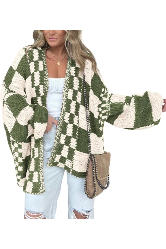 Casual Cardigan Sweater for Women Fall 2025 Long Sleeve Open Front Chunky Knit Sweaters Checkered Outwear Coat