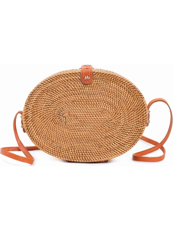 Crafts Round Rattan Bag for Women - Handmade Ata Wicker Woven Purse - Circle, Square, Oval Brown Straw Boho Bags