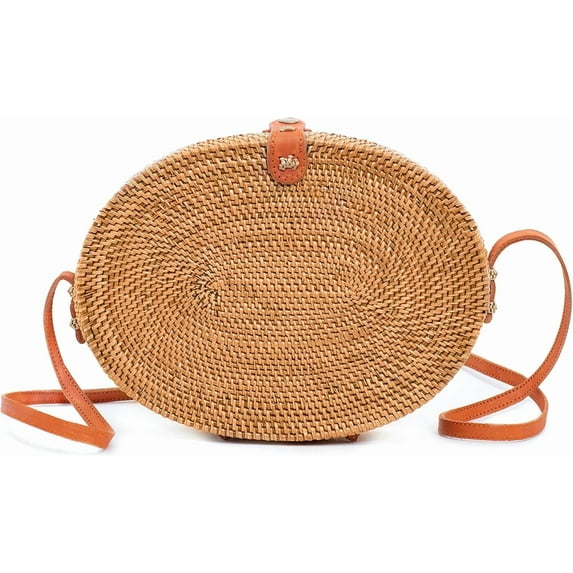 CAILDANL Crafts Round Rattan Bag for Women - Handmade Ata Wicker Woven Purse - Circle, Square, Oval Brown Straw Boho Bags