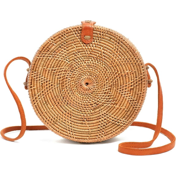 CAILDANL Crafts Round Rattan Bag for Women - Handmade Ata Wicker Woven Purse - Circle, Square, Oval Brown Straw Boho Bags