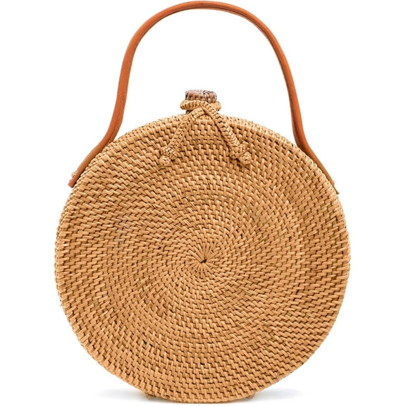 CAILDANL Crafts Round Rattan Bag for Women - Handmade Ata Wicker Woven Purse - Circle, Square, Oval Brown Straw Boho Bags