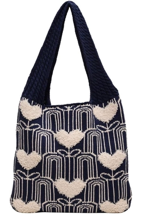 Crochet Tote Bag Cute Aesthetic Hobo Bag Hearts Pattern Knitted Shoulder Bag Hollow Beach Bag for Women