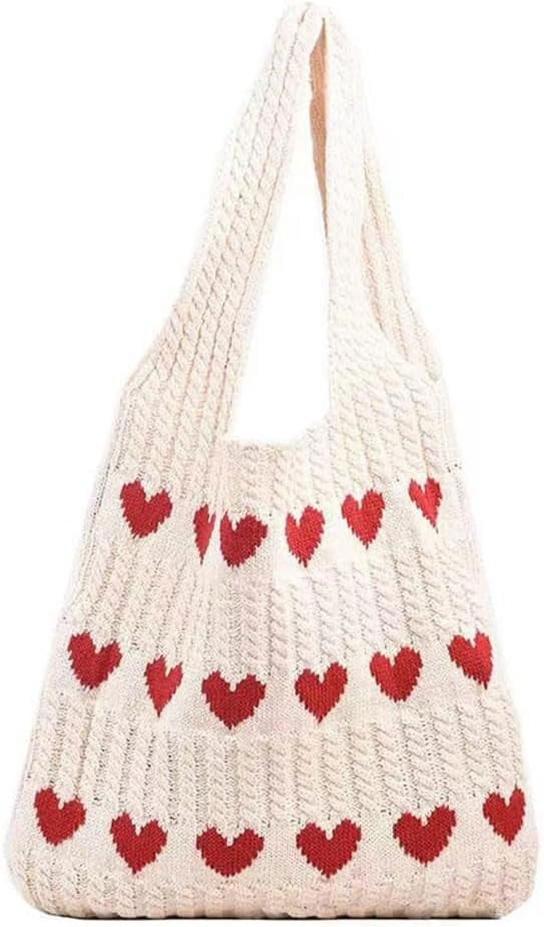 CAILDANL Crochet Tote Bag Cute Aesthetic Hobo Bag Hearts Pattern Knitted Shoulder Bag Hollow Beach Bag for Women