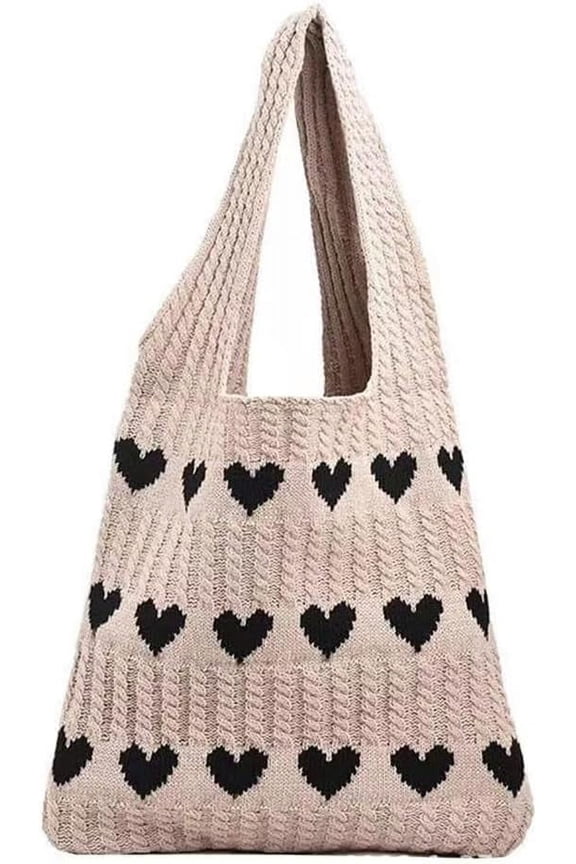 Crochet Tote Bag Cute Aesthetic Hobo Bag Hearts Pattern Knitted Shoulder Bag Hollow Beach Bag for Women