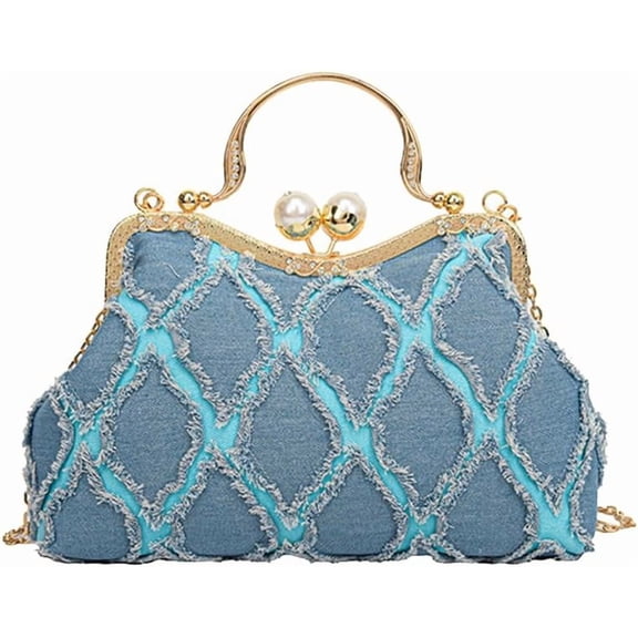 CAILDANL Denim Clutch Bag Women Quilted Evening Bag Bridal Wedding Purse Sparkly Rhinestone Handbag Beaded Pearl Crossbody Bag