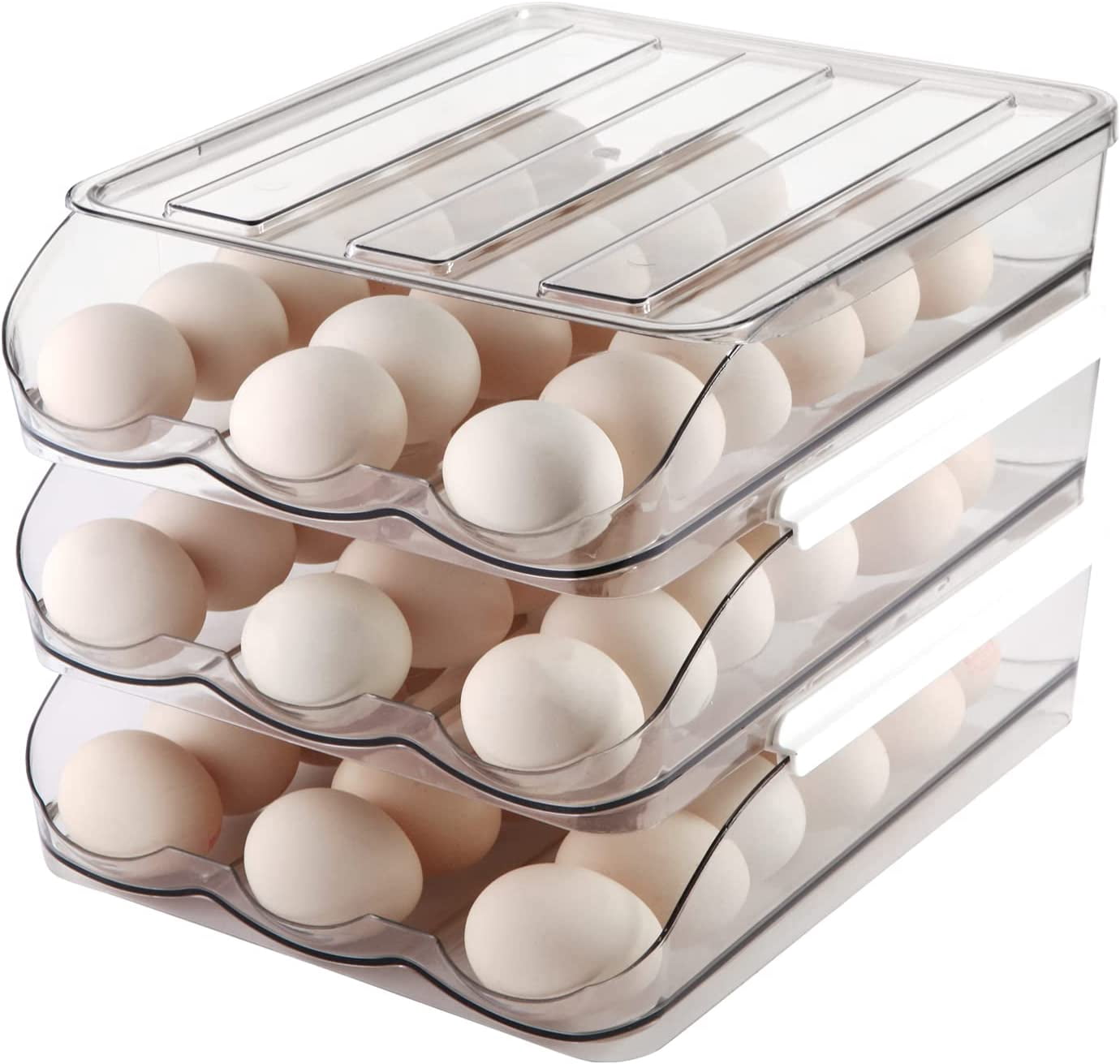 CAILDANL Egg Holder , Automatically Rolling Egg Storage Container for Refrigerator,Large Capacity Organizer for Fridge with Lid,Clear Plastic Egg Dispenser, Tray & Bin -2 Layer