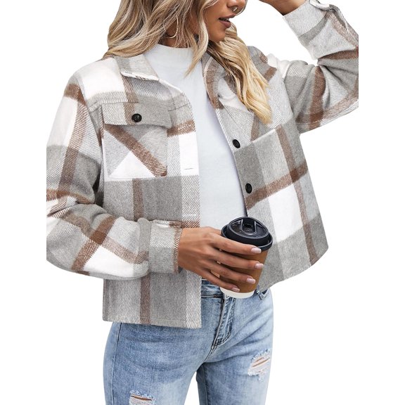 CAILDANL Flannels for Women Cropped Shacket Jacket Fashion Plaid Button Down Shirt 2025 Fall Coat Tops