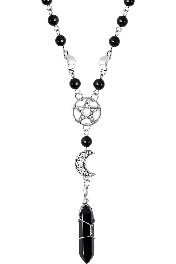 Gothic Crescent Moon Choker Necklace, Moon Sun Pendant, Goth Gift for Women, Gift for Women (Bead Moon Pentagram Crystal)