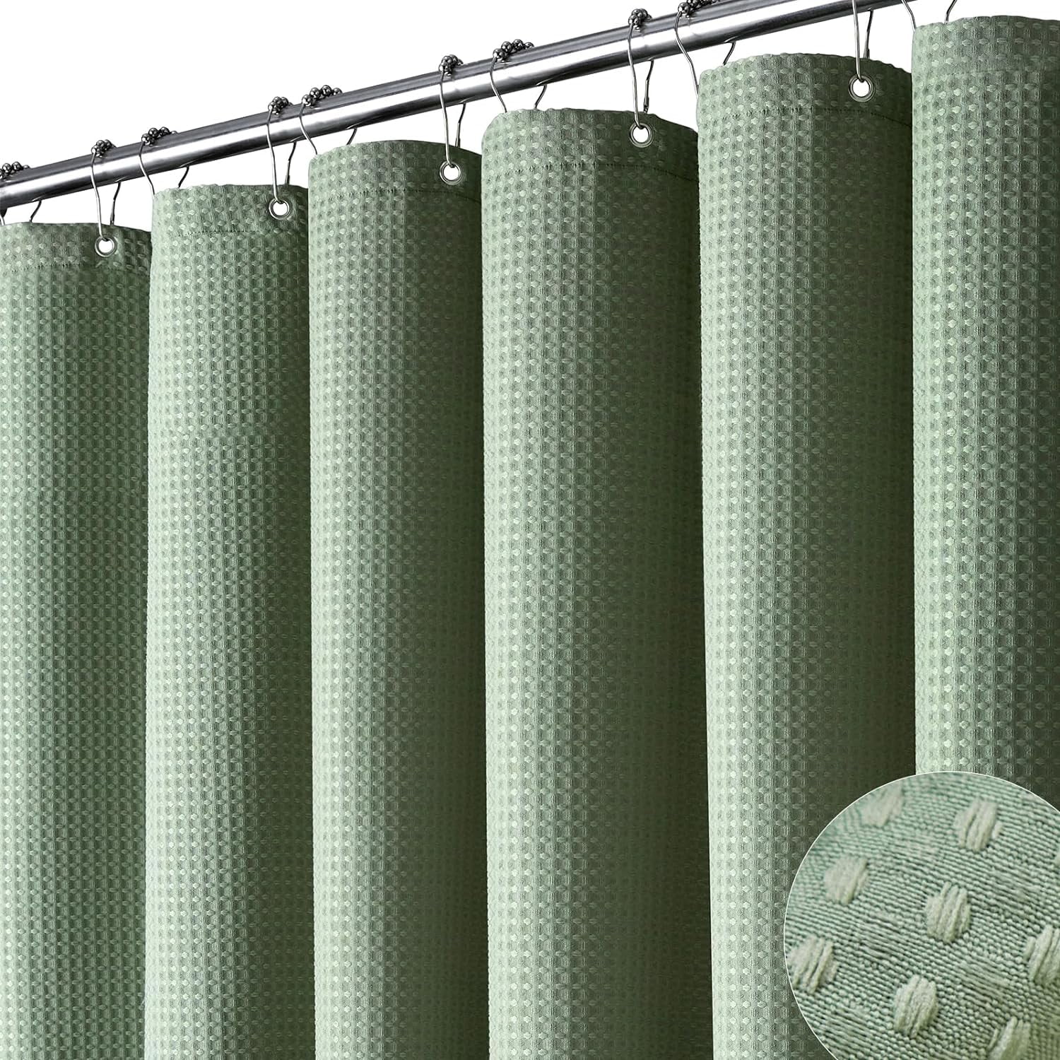 CAILDANL Green Shower Curtain - Waffle Textured Heavy Duty Thick Fabric Shower Curtains for Bathroom, 256GSM Luxury Weighted Polyester Cloth Bath Curtain Set with 12 Plastic Hooks，72Wx72H,Green