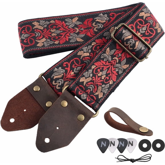 CAILDANL Guitar Strap,Jacquard Embroidery Cotton Guitar Straps with Crazy Horse Leather Ends for Bass, Electric & Acoustic, Best Gifts for Kids, Guitarists(Golden Jacquard)