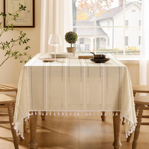 CAILDANL Hemstitched Embroidery Striped Boho Tablecloth 60x84 Inch Beige, Heavy Weight Farmhouse Burlap Linen Beige Tablecloth, Wrinkle Resistant Washable Table Cloth for Rectangle Table