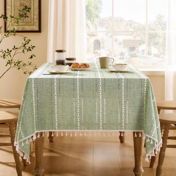 CAILDANL Hemstitched Embroidery Striped Boho Tablecloth 60x84 Inch Beige, Heavy Weight Farmhouse Burlap Linen Beige Tablecloth, Wrinkle Resistant Washable Table Cloth for Rectangle Table