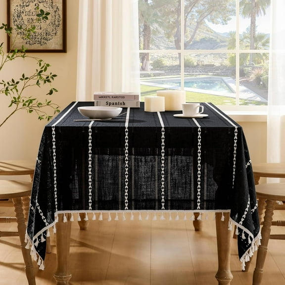 CAILDANL Hemstitched Embroidery Striped Boho Tablecloth 60x84 Inch Beige, Heavy Weight Farmhouse Burlap Linen Beige Tablecloth, Wrinkle Resistant Washable Table Cloth for Rectangle Table
