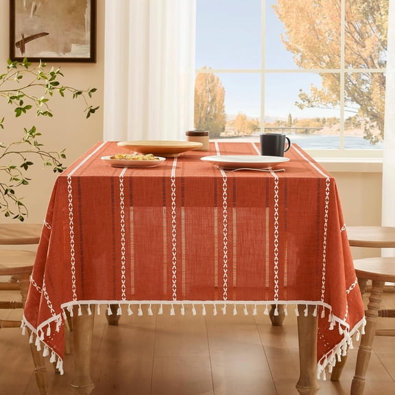 CAILDANL Hemstitched Embroidery Striped Boho Tablecloth 60x84 Inch Beige, Heavy Weight Farmhouse Burlap Linen Beige Tablecloth, Wrinkle Resistant Washable Table Cloth for Rectangle Table