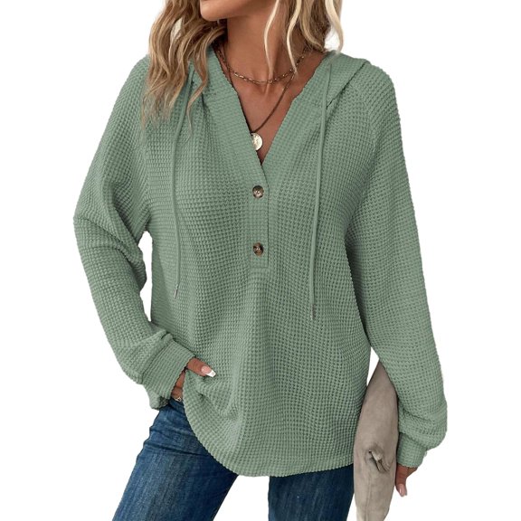 CAILDANL Hoodies for Women Waffle Knit Long Sleeve Drawstring Button V Neck Casual Pullover Sweatshirt Hooded Tops