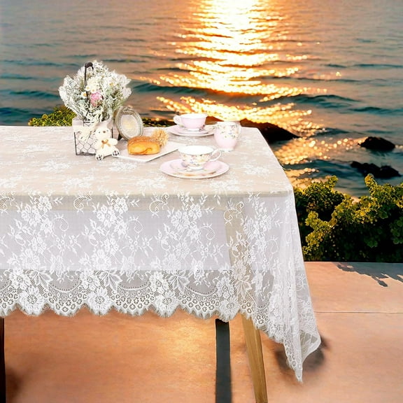CAILDANL Ivory Lace Tablecloth: 60x120 Inch - Wedding - Rectangular Table Cloth Overlay Vintage Embroidered Lace Fabric for Fall Outdoor Party Home Decor