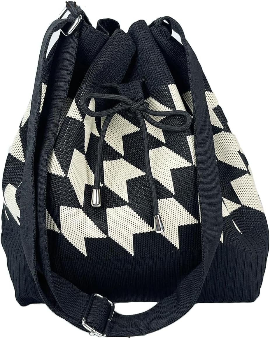 CAILDANL Knit Bucket Bag Women 2025 Trendy Spring Crochet Knitted Drawstring Shoulder Bags Crossbody Purse Geometric Pattern