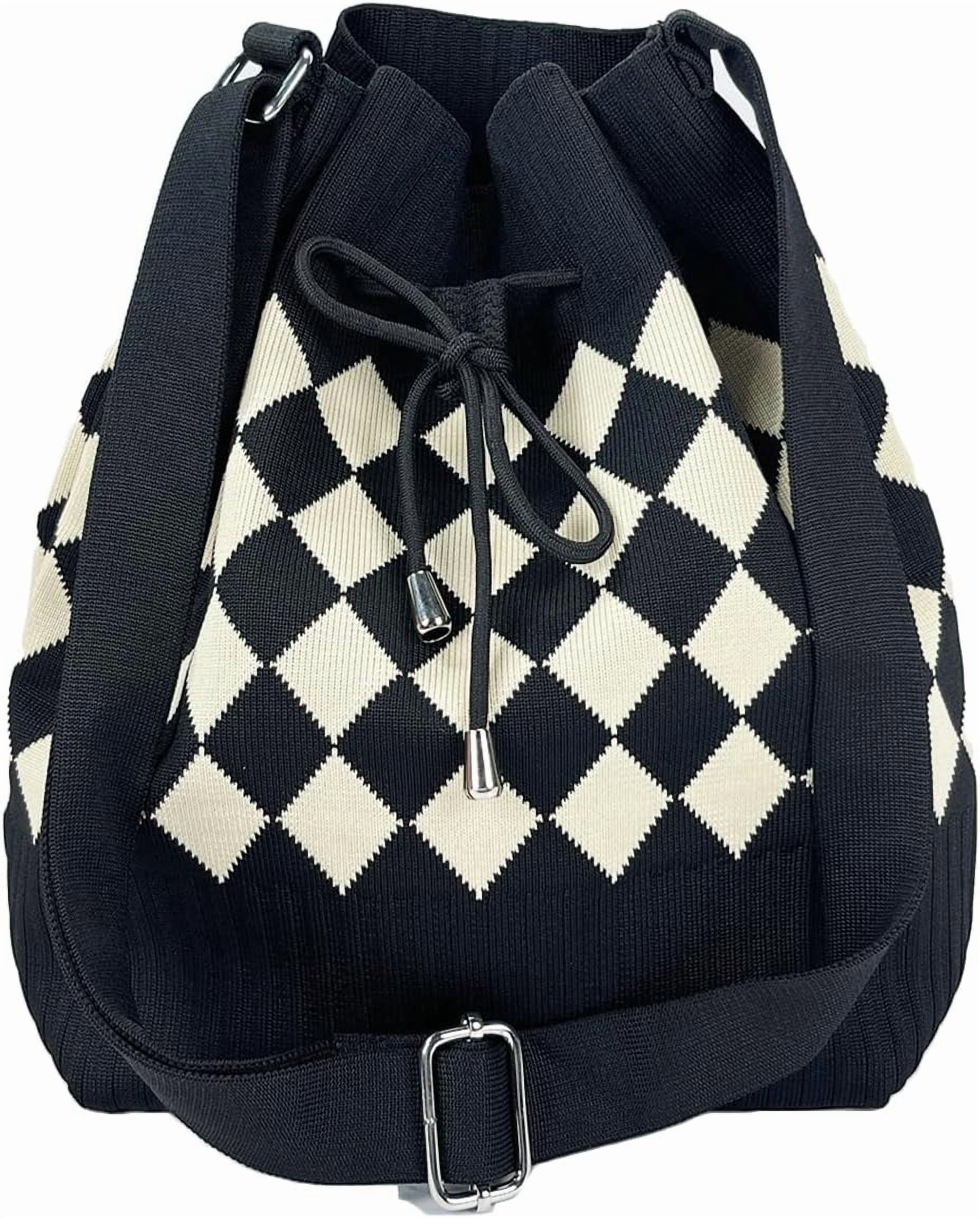 CAILDANL Knit Bucket Bag Women 2025 Trendy Spring Crochet Knitted Drawstring Shoulder Bags Crossbody Purse Geometric Pattern