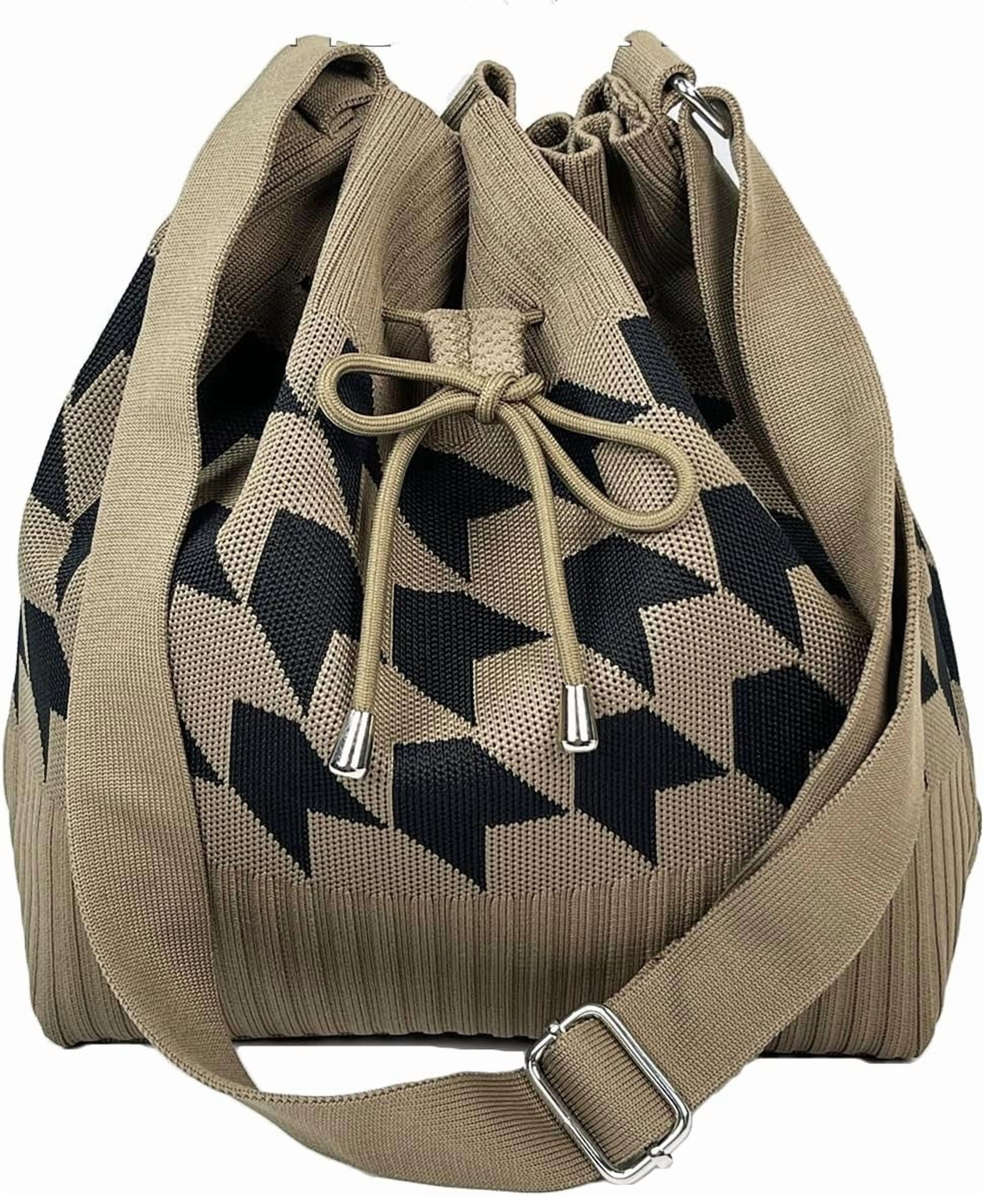 CAILDANL Knit Bucket Bag Women 2025 Trendy Spring Crochet Knitted Drawstring Shoulder Bags Crossbody Purse Geometric Pattern