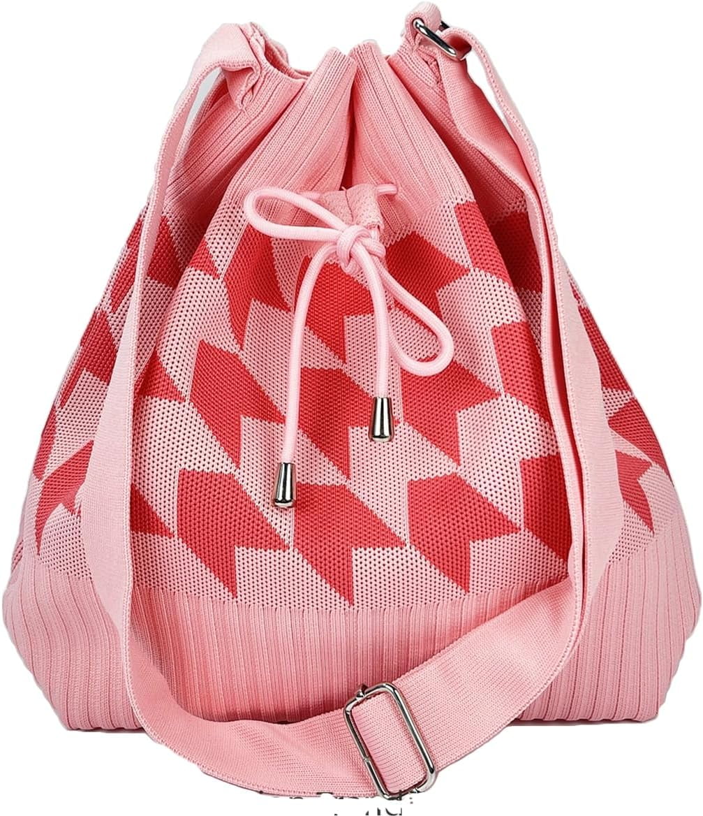 CAILDANL Knit Bucket Bag Women 2025 Trendy Spring Crochet Knitted Drawstring Shoulder Bags Crossbody Purse Geometric Pattern
