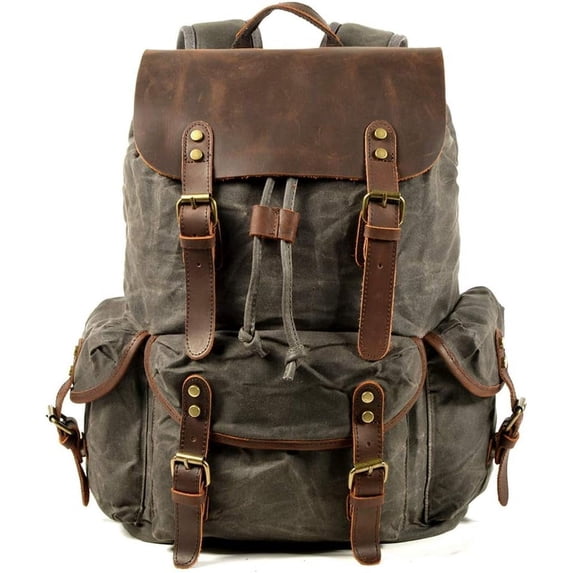 CAILDANL Leather Backpack for Men, Waxed Canvas Shoulder Rucksack Carry-On Travel Backpack