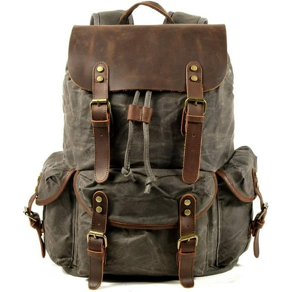 CAILDANL Leather Backpack for Men, Waxed Canvas Shoulder Rucksack Carry-On Travel Backpack