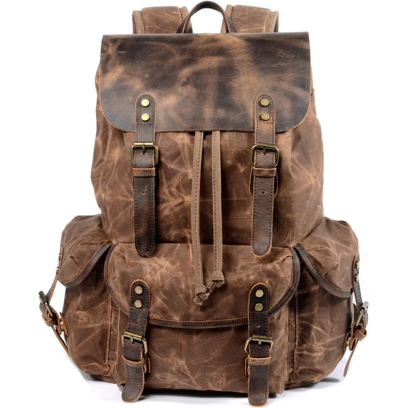 CAILDANL Leather Backpack for Men, Waxed Canvas Shoulder Rucksack Carry-On Travel Backpack