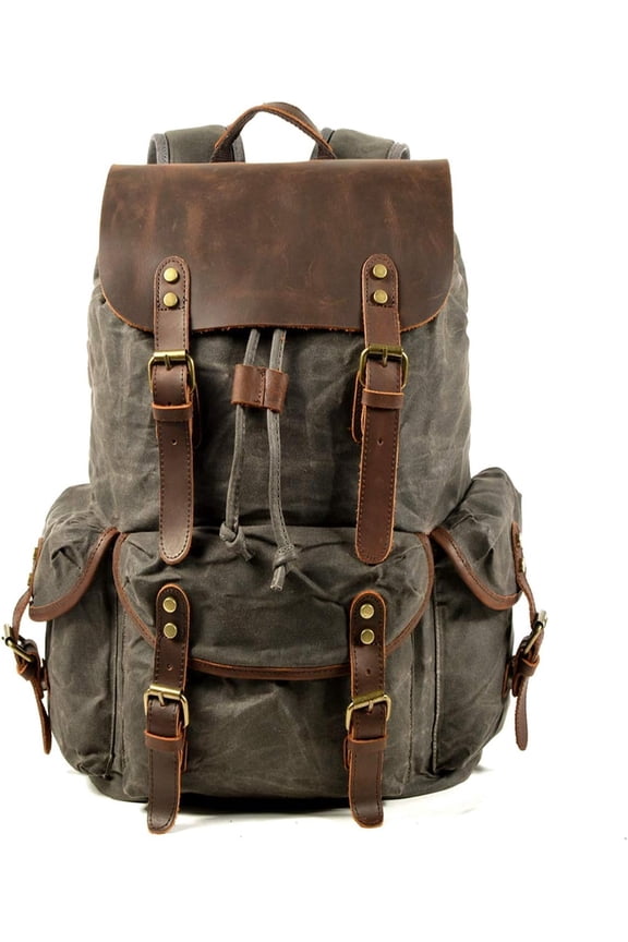 Leather Backpack for Men, Waxed Canvas Shoulder Rucksack Carry-On Travel Backpack