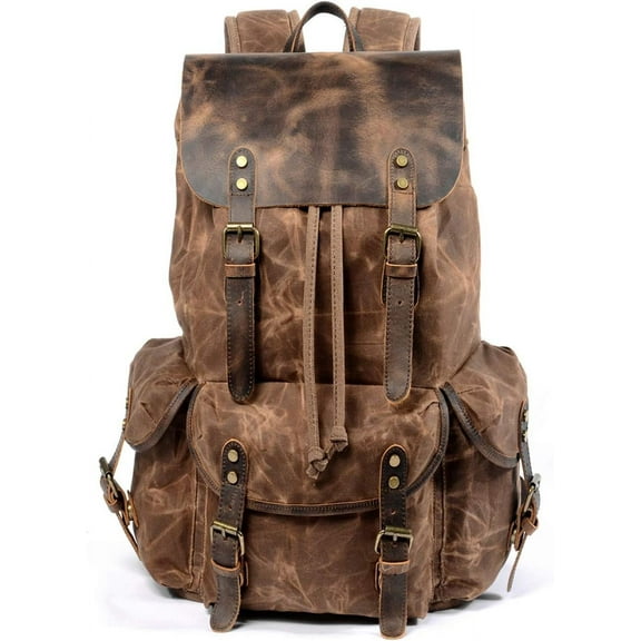 CAILDANL Leather Backpack for Men, Waxed Canvas Shoulder Rucksack Carry-On Travel Backpack