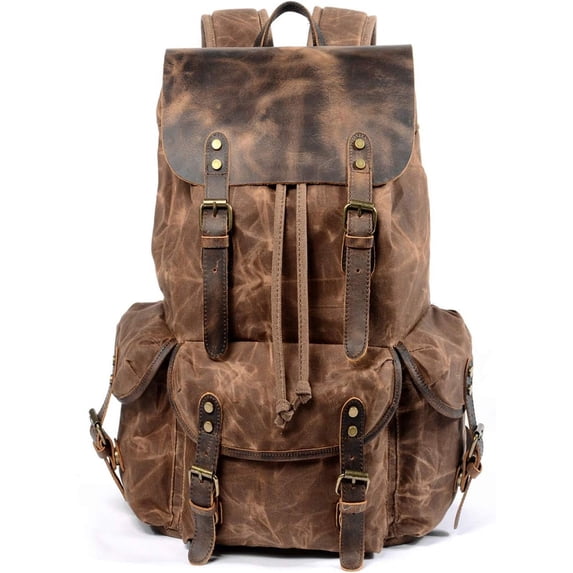 CAILDANL Leather Backpack for Men, Waxed Canvas Shoulder Rucksack Carry-On Travel Backpack