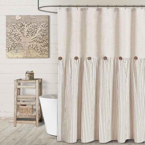 CAILDANL Linen Button Farmhouse Beige Shower Curtain,Linen and Cotton Woven Fabric,Pleated Brown Stripe,Country Style,72x72 Inch