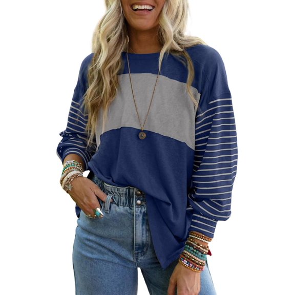 CAILDANL Long Sleeve Tops Oversized 2025 Trendy Round Crew Neck Casual Color Block Womens Shirts Blouses