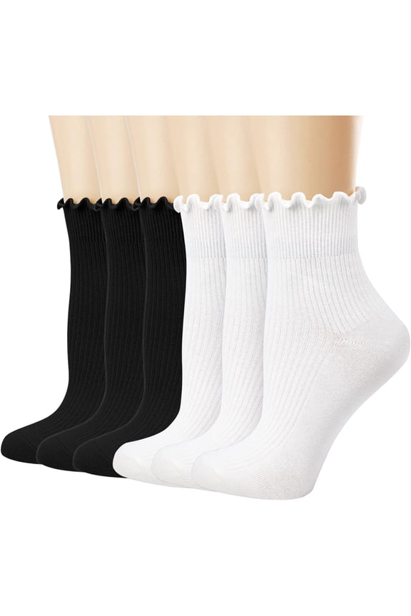 Mary Women's Ruffle Socks,Casual Cute Ankle Breathable Knit Cotton Soft Frilly Crew Socks for Women 6 Pack