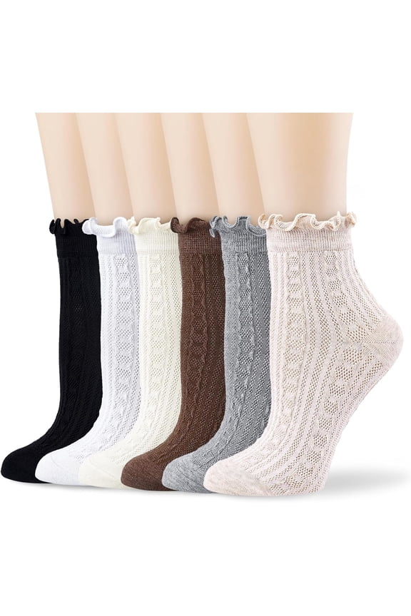 Mary Womens Crew Socks Ruffle Casual Cotton Frilly Breathable Cute Knit Lettuce Trim Dress Ankle Socks 6 Pack