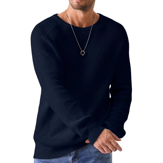 CAILDANL Men's Crewneck Pullover Sweater Waffle Textured Knitted Sweaters Casual Loose Fit Sweaters with Ribbing Edge