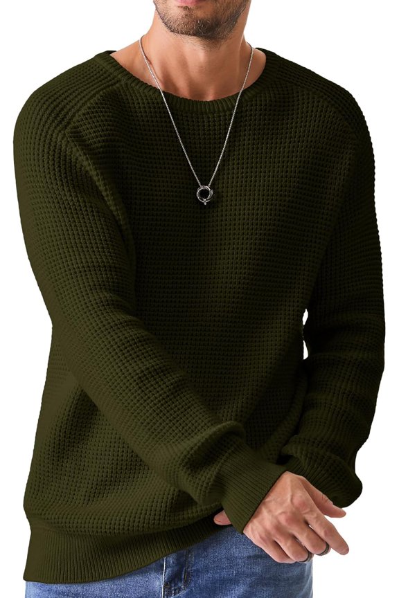 Men's Crewneck Pullover Sweater Waffle Textured Knitted Sweaters Casual Loose Fit Sweaters with Ribbing Edge