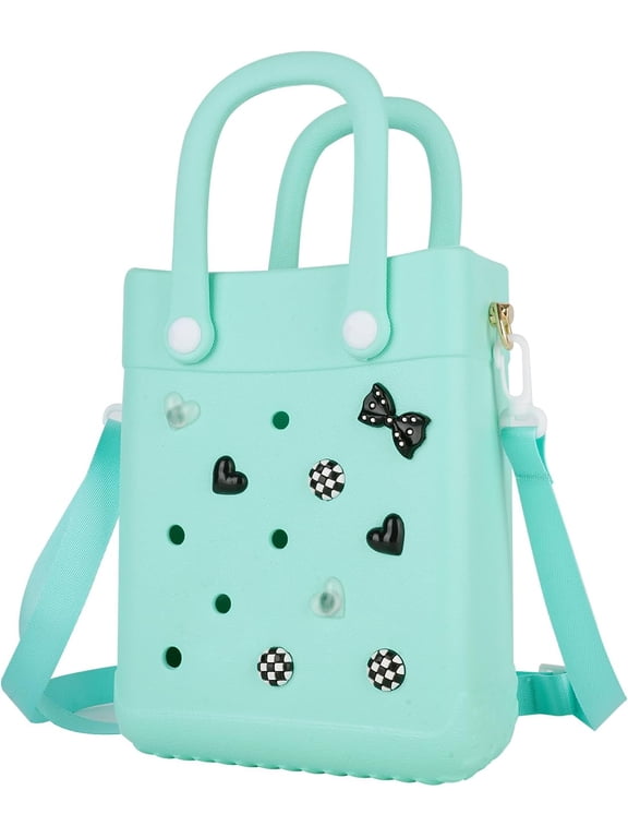 Mini Beach Rubber Tote Bag - Small Waterproof Bitty Washable Handbag with Charms for Women