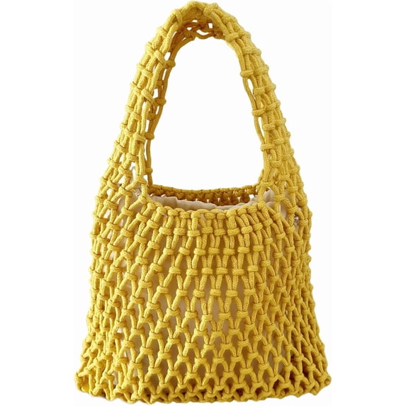 CAILDANL Mini Clutch Handbag Fishing Net Bucket Bag Cotton Rope Crochet Drawstring Woven Beach Bag Small Tote for Women Girls