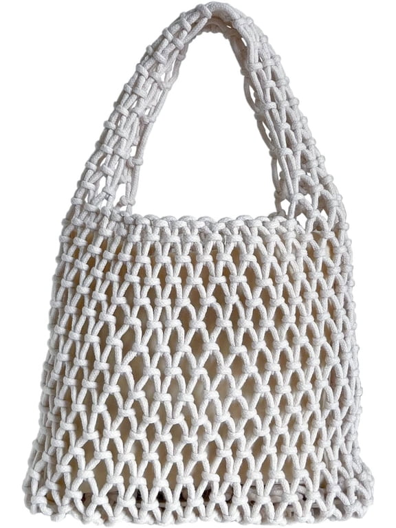 Mini Clutch Handbag Fishing Net Bucket Bag Cotton Rope Crochet Drawstring Woven Beach Bag Small Tote for Women Girls