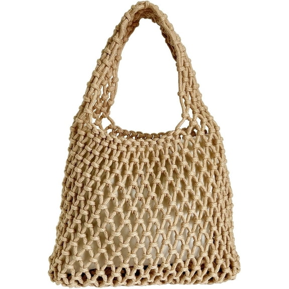 CAILDANL Mini Clutch Handbag Fishing Net Bucket Bag Cotton Rope Crochet Drawstring Woven Beach Bag Small Tote for Women Girls