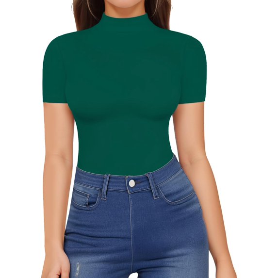 CAILDANL Mock Neck Tops for Women Basic Short Sleeve Tight Summer Sexy Dressy Casual Summer T-Shirts