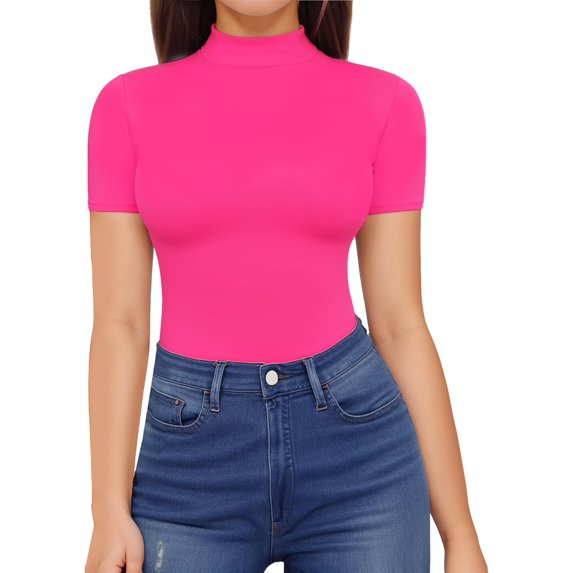 CAILDANL Mock Neck Tops for Women Basic Short Sleeve Tight Summer Sexy Dressy Casual Summer T-Shirts