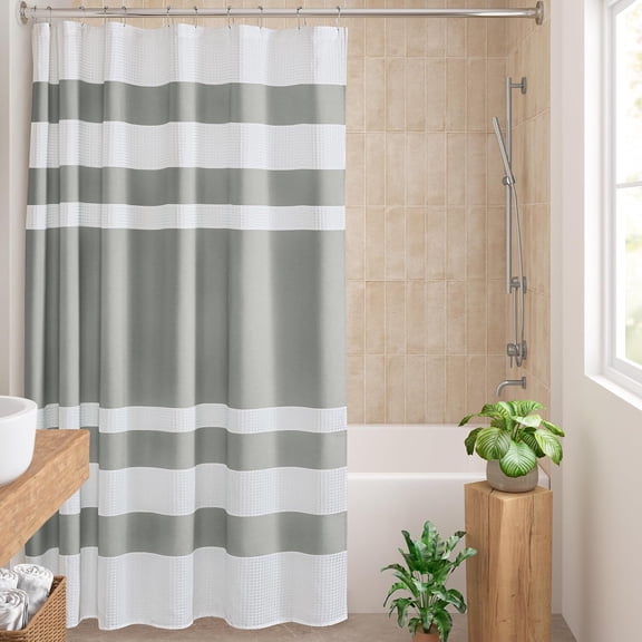 CAILDANL Park Shower Curtain Waffle Weave Striped Pieced Design Fabric Shower Curtains for Bathroom with 3M Scotchgard Moisture Management Premium Spa Quality Modern Standard 72"x72" Grey