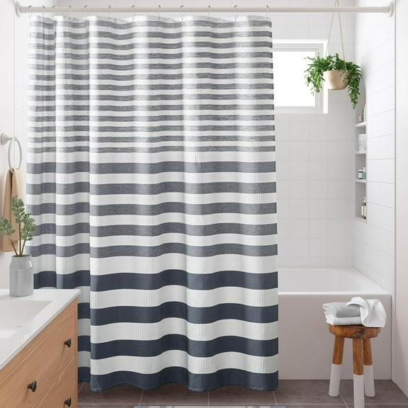 CAILDANL Park Shower Curtain Waffle Weave Striped Pieced Design Fabric Shower Curtains for Bathroom with 3M Scotchgard Moisture Management Premium Spa Quality Modern Standard 72"x72" Grey
