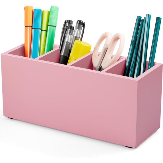 CAILDANL Pencil Pen Holder for Desk, Wooden Office Desk Organizers and Accessories with 4 Slots for Countertop, Makeup Brush Holder Organizer for Bathroom Vanity Black