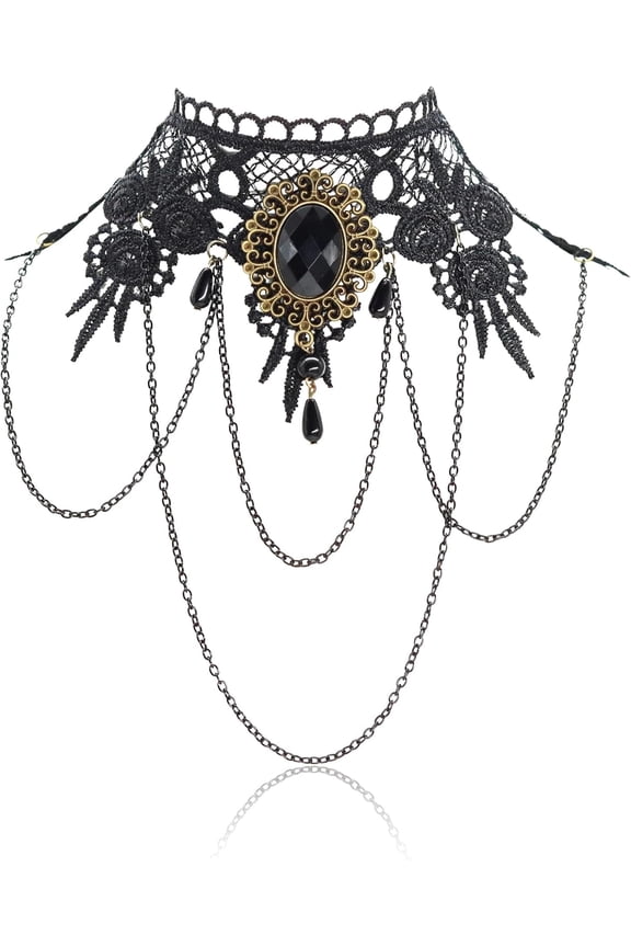 Punk Rock Wedding Party Handmade Black Lace Choker, Gothic Retro Lolita Beads Chain Vampire Pendant Necklace for Women Halloween
