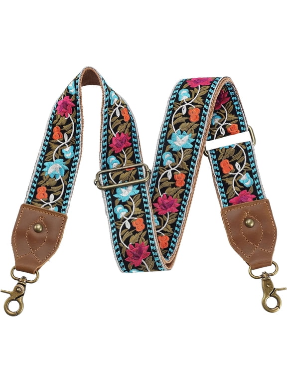 Purse Strap-2"Crazy Horse Leather Wide Shoulder Strap Adjustable Replacement,Jacquard Embroidery Bag Straps