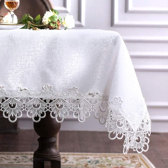 CAILDANL Rectangular Lace Fabric Tablecloth with Macrame Border Clear Embroidered Kitchen Tablecloths for Elegant Holiday Long Dinner Tables (White, Tablecloth 52" x 70")